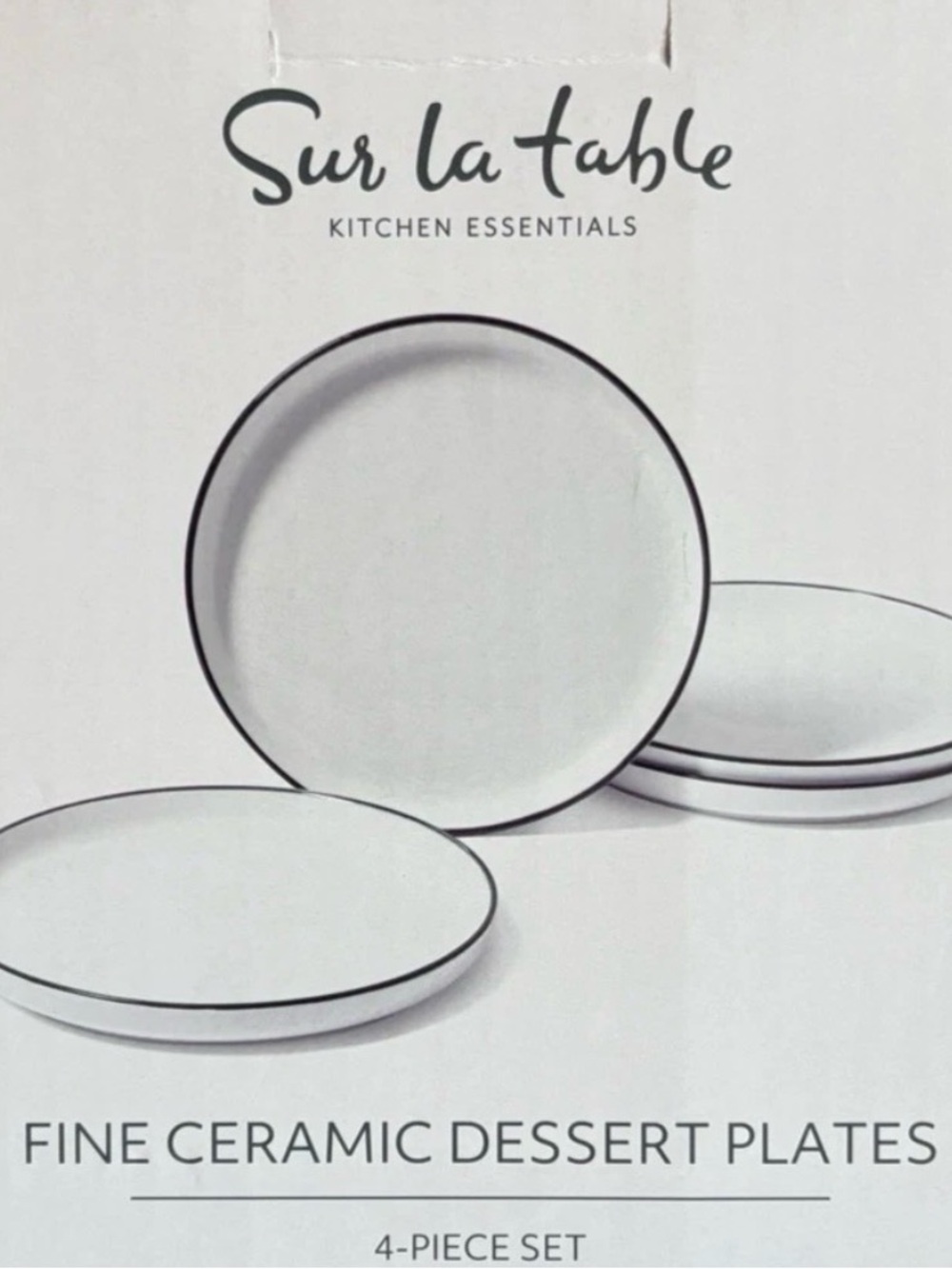 4 Sur La Table Fine Ceramic 7.75” White Plates Black Rim New In Box  Set of  4